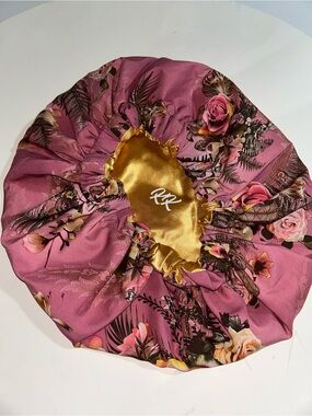 Satin-Lined Floral Hair Bonnet in Mauve Pink and Gold